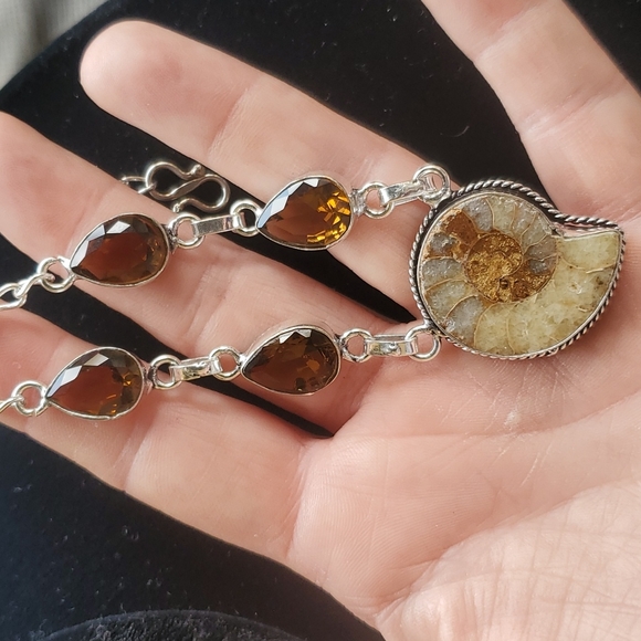 New Ammonite Fossil and Smoky Topaz 925 Silver Necklace. - Picture 16 of 16